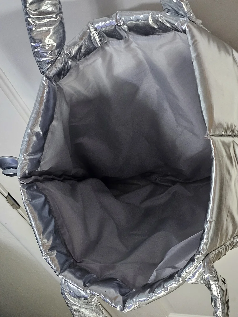 NWT Bath & Body Works Silver Metallic Puffer Tote Travel Gym Bag